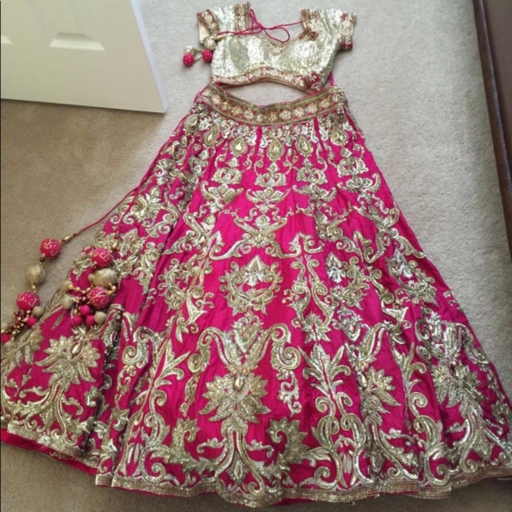 Gold & Hot Pink Embroidered Lehenga Choli
